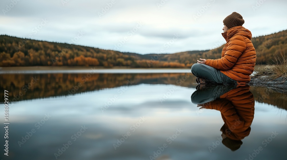 Naklejka premium Person in an orange jacket sitting on a lakeside, meditating with a forest backdrop and reflection on the calm water surface