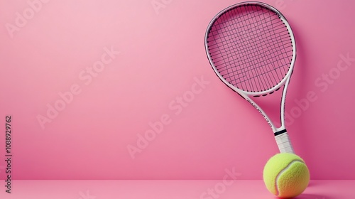 A tennis racket and ball resting on a pink background, symbolizing sports and leisure.