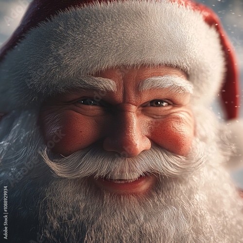 Classic Santa Claus in a festive pose, wearing his red suit and hat, spreading holiday cheer with a joyful smile and sack of gifts photo