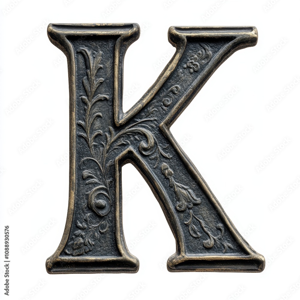 Ornate letter 'K' in a decorative style, showcasing intricate details and a metallic finish. Ornate letter 'K' in a decorative style, showcasing intricate details and a metallic finish.