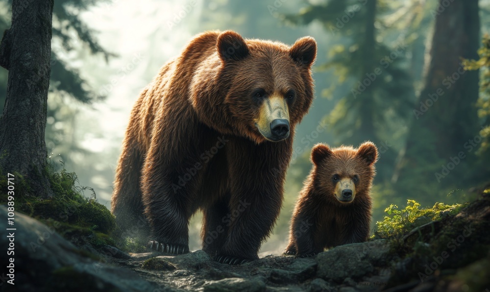 Obraz premium Mother bear and cub exploring the forest together, bears, wildlife, nature, family, adorable, fluffy, furry