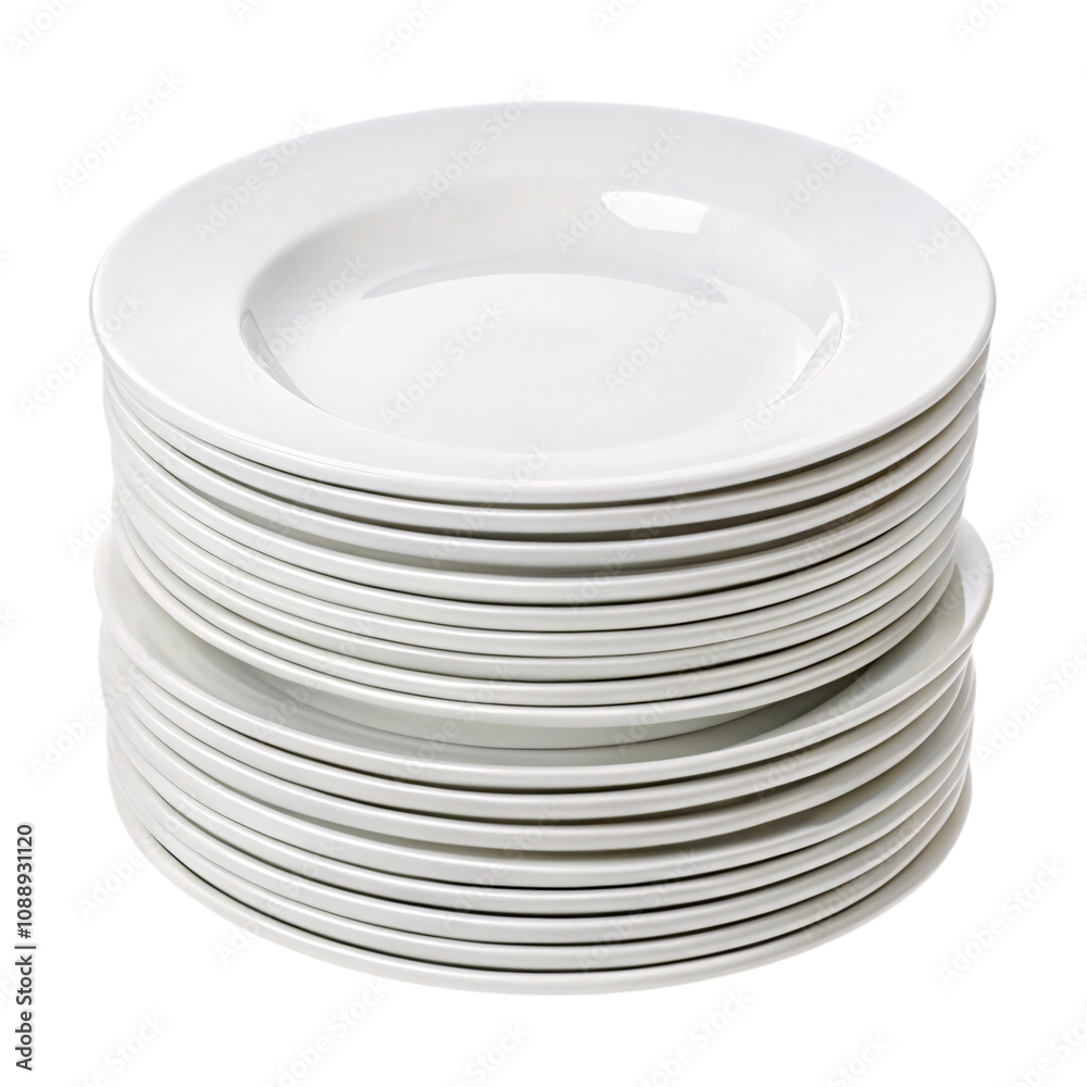 A set of stacked white plates with a slightly glossy finish, showcasing elegant simplicity and a functional, clean appearance, set against a transparent background A set of stacked white plates with a slightly glossy finish, showcasing elegant simplicity and a functional, clean appearance, set against a transparent background
