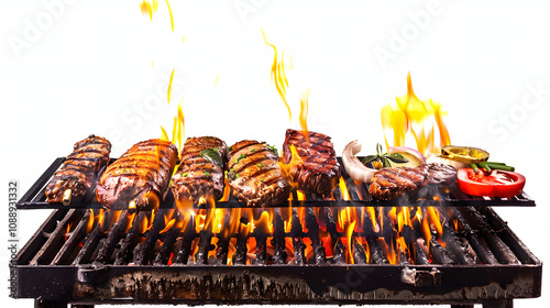 flame grill with burgers and steak - bbq meat  art with a white accent, space for captions, png