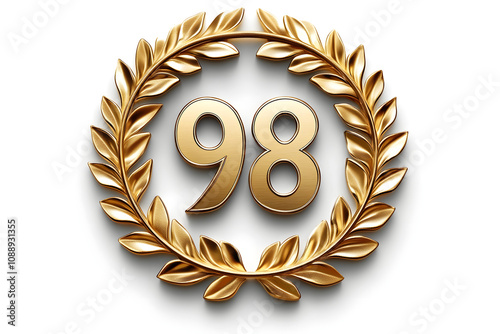 Golden number 98 encircled by a laurel wreath, symbolizing success, honor, and achievement in a sophisticated and timeless design