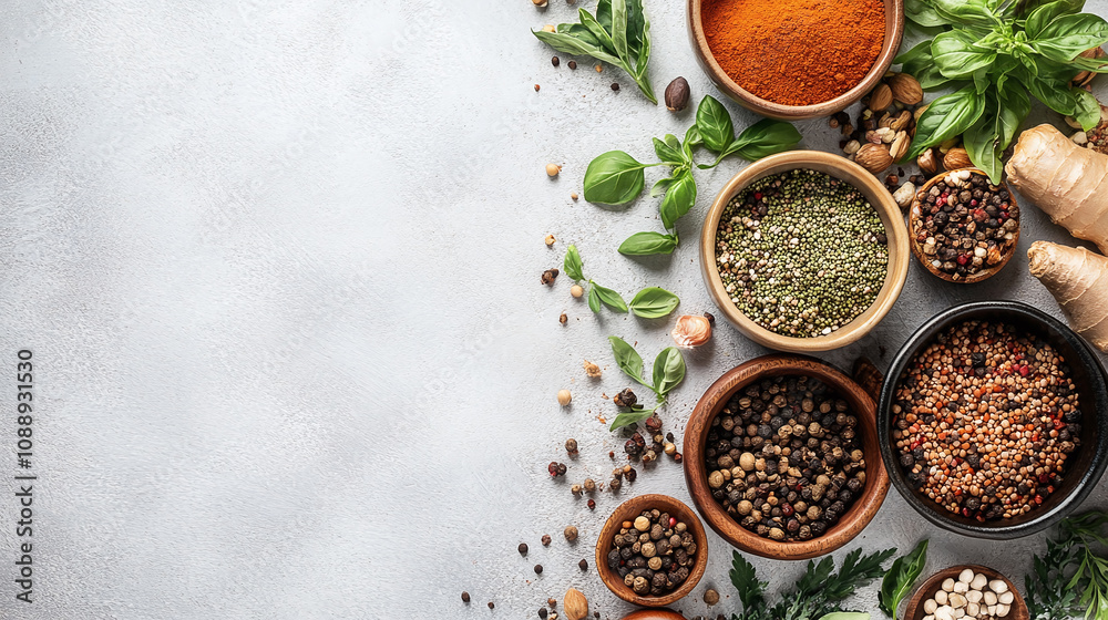 A variety of spices and herbs arranged in rustic wooden bowls with fresh basil leaves and ginger on a textured light background, ideal for culinary themes. A variety of spices and herbs arranged in rustic wooden bowls with fresh basil leaves and ginger on a textured light background, ideal for culinary themes.