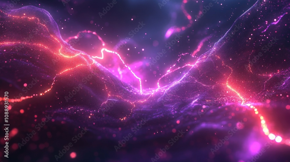 A digital network of glowing neon particles connected by electric energy, illustrating the dynamic movement and connectivity of modern technology. A digital network of glowing neon particles connected by electric energy, illustrating the dynamic movement and connectivity of modern technology.