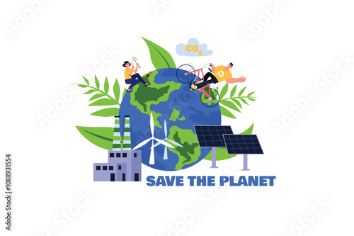 A colorful illustration showing a globe with a cyclist, industrial elements. Vector illustration