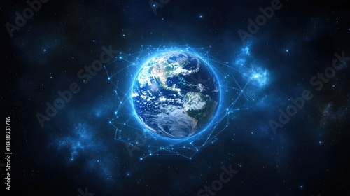 A digital representation of Earth with interconnected blue network lines, illustrating global communication and internet connectivity on a dark background.