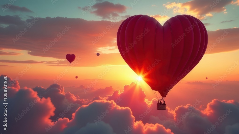 Fototapeta premium banner illustration of a hot air balloon in the shape of a red heart flies in the sunset sky with clouds, Valentine's Day concept