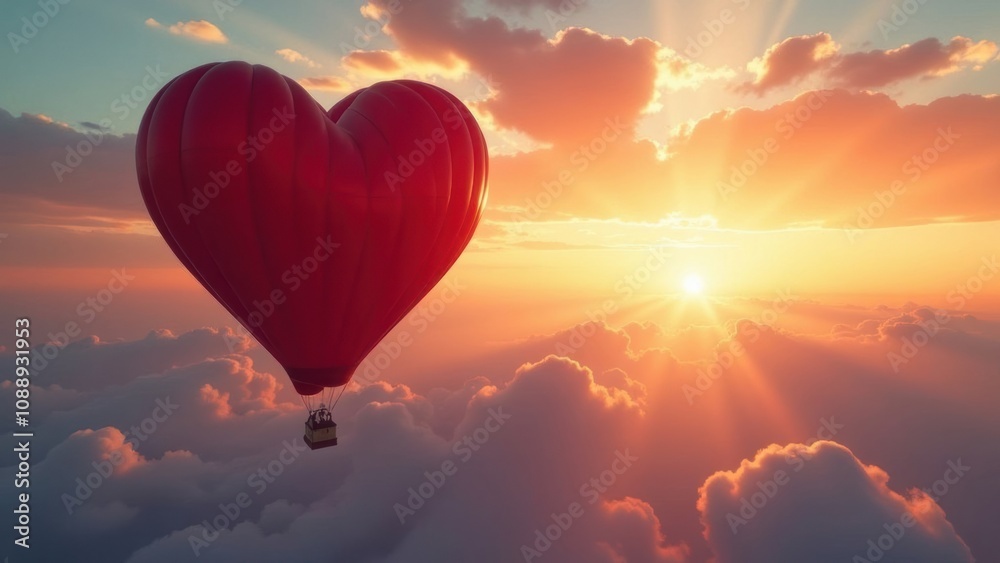 Fototapeta premium banner illustration of a hot air balloon in the shape of a red heart flies in the sunset sky with clouds, Valentine's Day concept