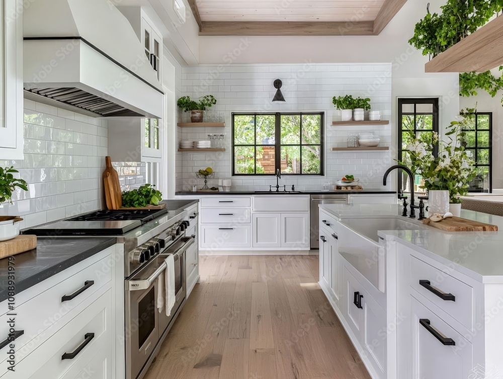 Fototapeta premium Bright and Inviting Minimalist Kitchen with White Cabinetry and Contrasting Accents, Featuring Open Shelving and Natural Light for a Fresh, Modern Aesthetic