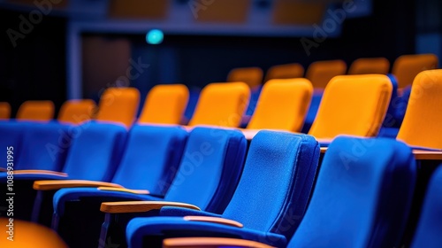 Rows of blue and orange auditorium seats. photo