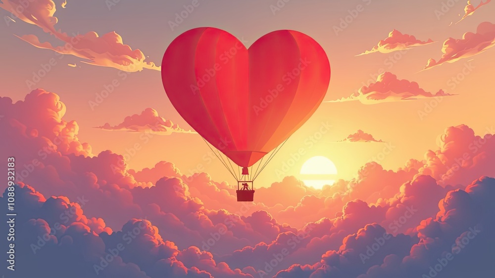 Fototapeta premium banner illustration of a hot air balloon in the shape of a red heart flies in the sunset sky with clouds, Valentine's Day concept