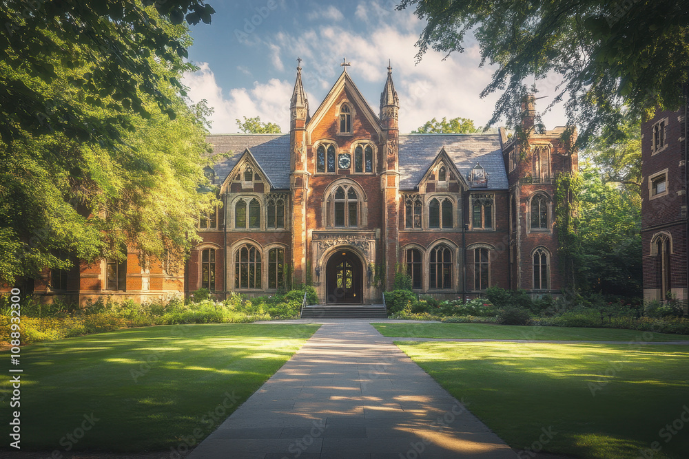 Majestic old college building with Gothic architecture surrounded by lush greenery and a clear blue sky, capturing a serene and timeless academic atmosphere. Majestic old college building with Gothic architecture surrounded by lush greenery and a clear blue sky, capturing a serene and timeless academic atmosphere.