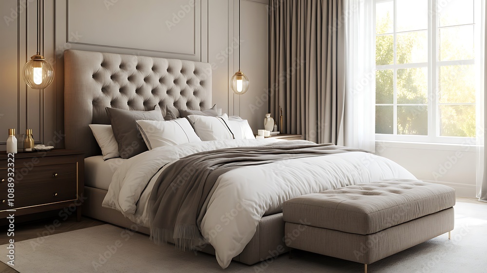 Fototapeta premium Beautiful Colored Mockup Bedroom Interior Blank Poster Decoration Art Background Image, generative AI
