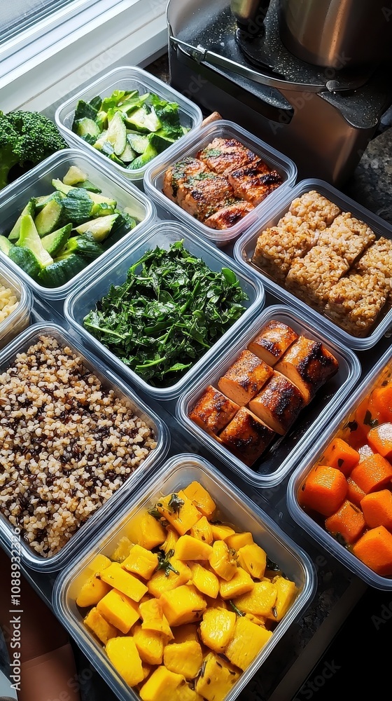 Overhead view of a vibrant meal preparation showcasing nutritious containers filled with greens Overhead view of a vibrant meal preparation showcasing nutritious containers filled with greens