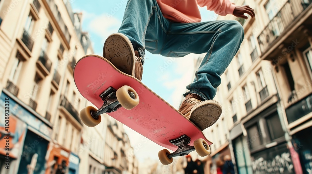 Low angle view of a person performing a skateboard trick in an urban setting with buildings in the background and a focus on the pink skateboard and sneakers.
