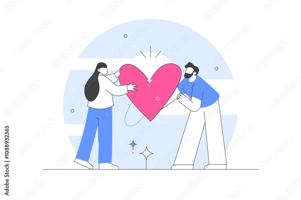Charity and volunteering activity concept. Characters Hold a big loving heart and give their support to people in need. Flat Cartoon Vector Illustration, icon. Stylish Modern Charity and volunteering activity concept. Characters Hold a big loving heart and give their support to people in need. Flat Cartoon Vector Illustration, icon. Stylish Modern