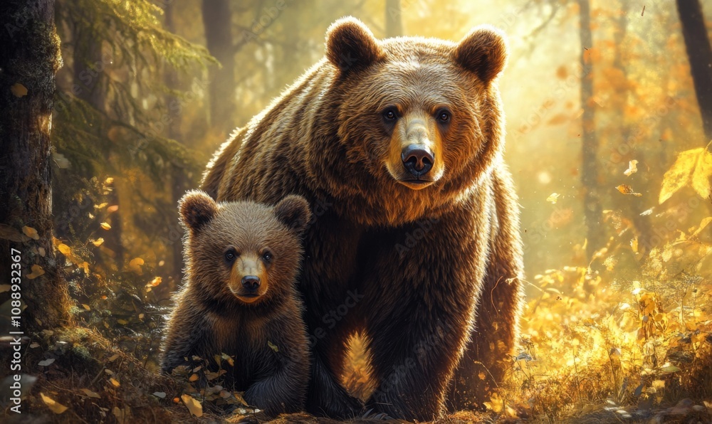 Fototapeta premium Mother bear and cub exploring the forest together, bears, wildlife, nature, family, adorable, fluffy, furry