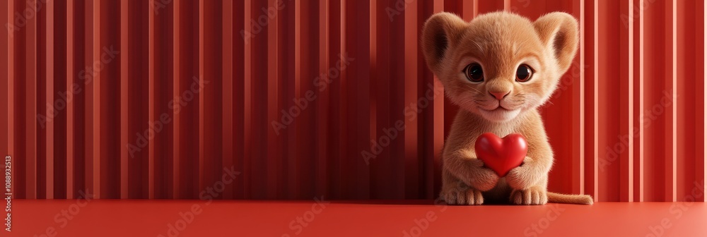 A cute lion cub holding a red heart against a textured red background. A cute lion cub holding a red heart against a textured red background.