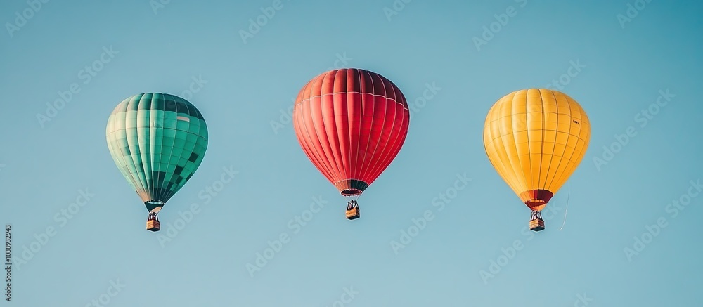Obraz premium Three colorful hot air balloons floating against a clear blue sky.