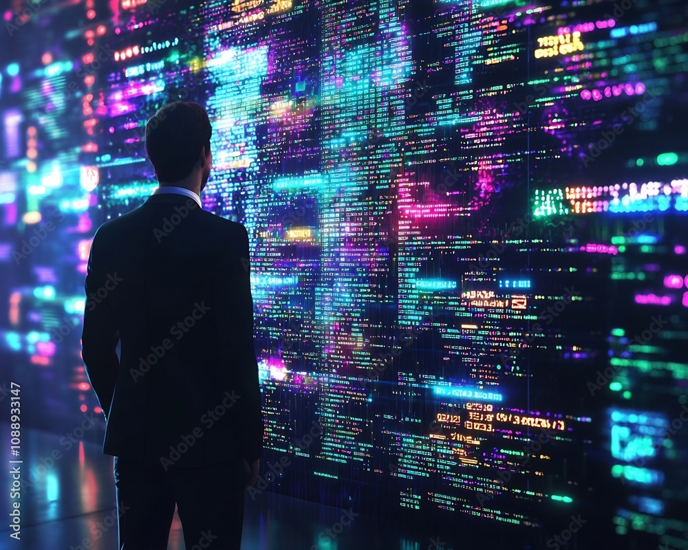 Business Leader Navigating Digital Obstacles in Glowing Code Wall