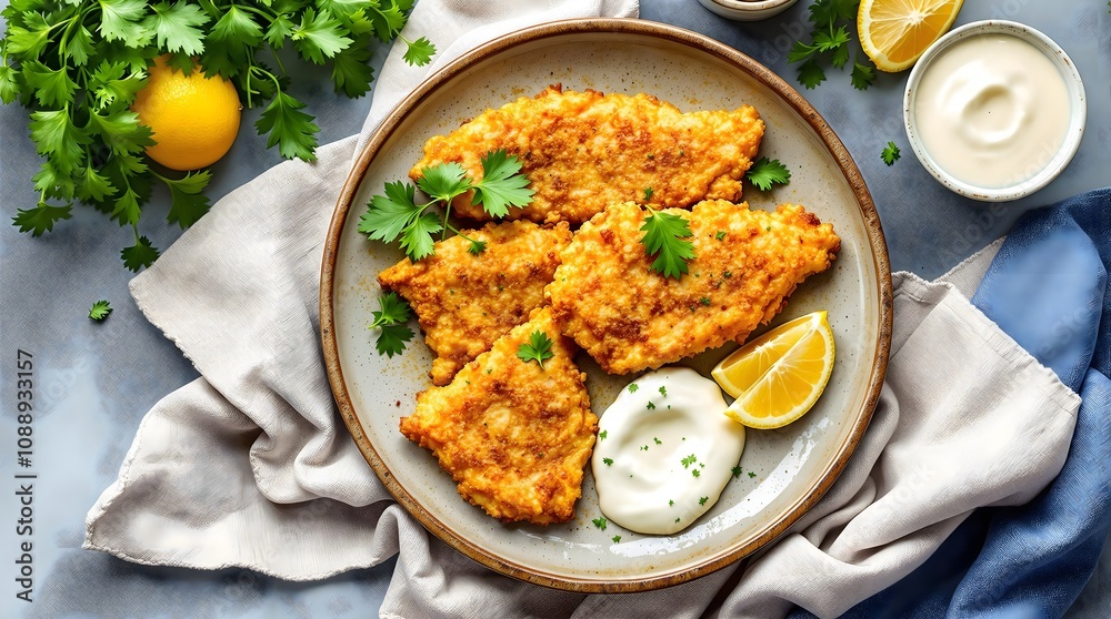 Bakaliaro - Greek Fried Cod with Lemon Top View (Greek Cuisine) Bakaliaro - Greek Fried Cod with Lemon Top View (Greek Cuisine)