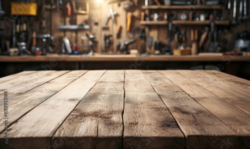 Empty wooden table with blurred background featuring carpenter's tools on the wall, carpenter, tools, wood, table