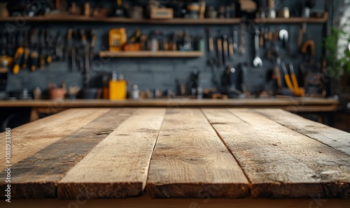 Empty wooden table with blurred background featuring carpenter's tools on the wall, carpenter, tools, wood, table