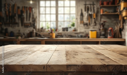 Empty wooden table with blurred background featuring carpenter's tools on the wall, carpenter, tools, wood, table