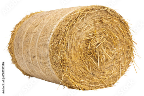 A tightly packed cylindrical hay bale wrapped with durable binding, showcasing straw's natural texture and perfect for farming or rustic decoration, set against a transparent background photo