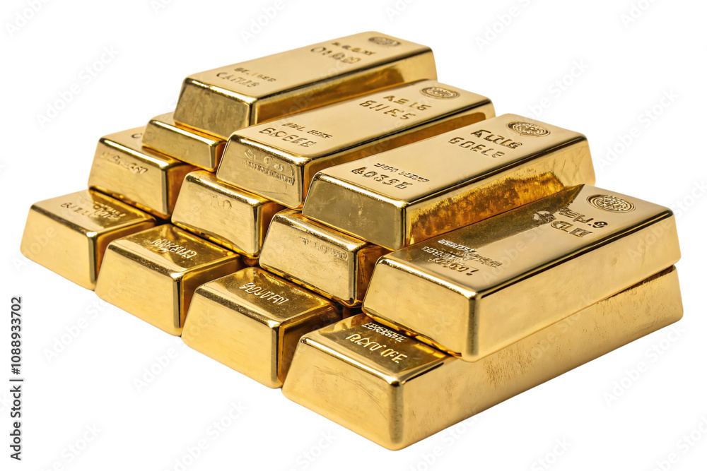 A triangular stack of gleaming gold bars, embossed with weight and purity markings, reflecting warm golden light, symbolizing wealth and luxury, set against a transparent background A triangular stack of gleaming gold bars, embossed with weight and purity markings, reflecting warm golden light, symbolizing wealth and luxury, set against a transparent background