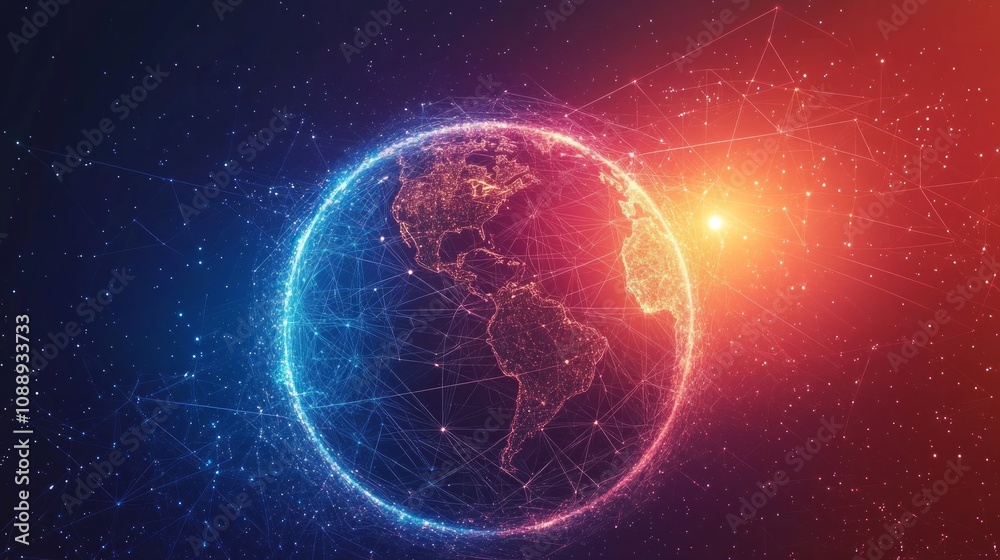 Obraz premium Global network connection, digital earth with glowing lines.