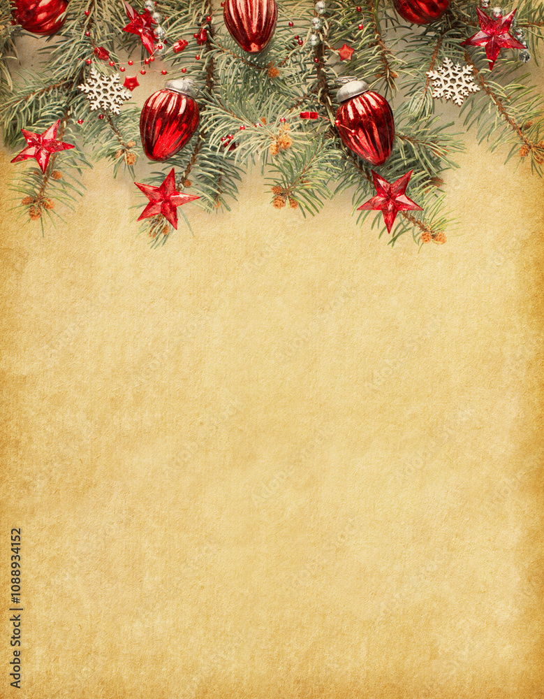 Vintage Christmas and New Year holidays background. Fir branch with Christmas decorations on old yellowed paper background with empty space for text. Flat lay. ..