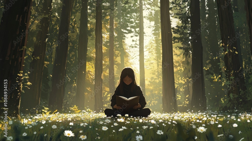 A serene scene of a person reading in a sunlit forest surrounded by flowers. A serene scene of a person reading in a sunlit forest surrounded by flowers.