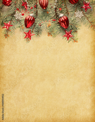 Obraz na płótnie Vintage Christmas and New Year holidays background. Fir branch with Christmas decorations on old yellowed paper background with empty space for text. Flat lay. .. w salonie
