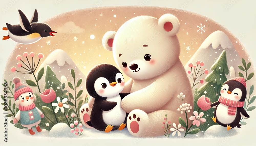 Charming Storybook Illustration of a Polar Bear and Penguin Sharing a Cozy and Heartwarming Moment with Soft Pastel Colors Charming Storybook Illustration of a Polar Bear and Penguin Sharing a Cozy and Heartwarming Moment with Soft Pastel Colors