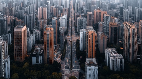 Aerial view of a densely populated urban area with tall skyscrapers and a central road. The buildings are a mix of modern high-rise structures and the scene captures a busy cityscape. photo