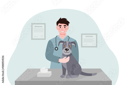 Vector illustration of a veterinary examination of a dog on a veterinary clinic table. Friendly doctors examining a dog. Veterinarians at the animal clinic. Animal care concept. 