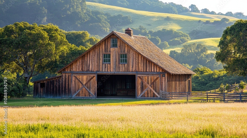Fototapeta premium Rustic farmhouse with barn doors, large wooden porch, rolling hills background