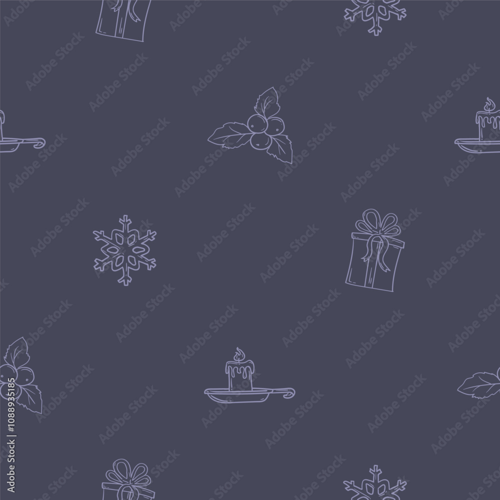 Fototapeta premium Christmas and New Year seamless pattern with snowflake, mistletoe, gift and candle. Dark background with light pattern for design, decoration, wrapping paper, print