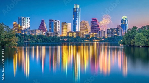 Vibrant Night Skyline of Austin, Texas with Reflections and Fireworks over Tranquil Water Creating a Stunning Urban Landscape