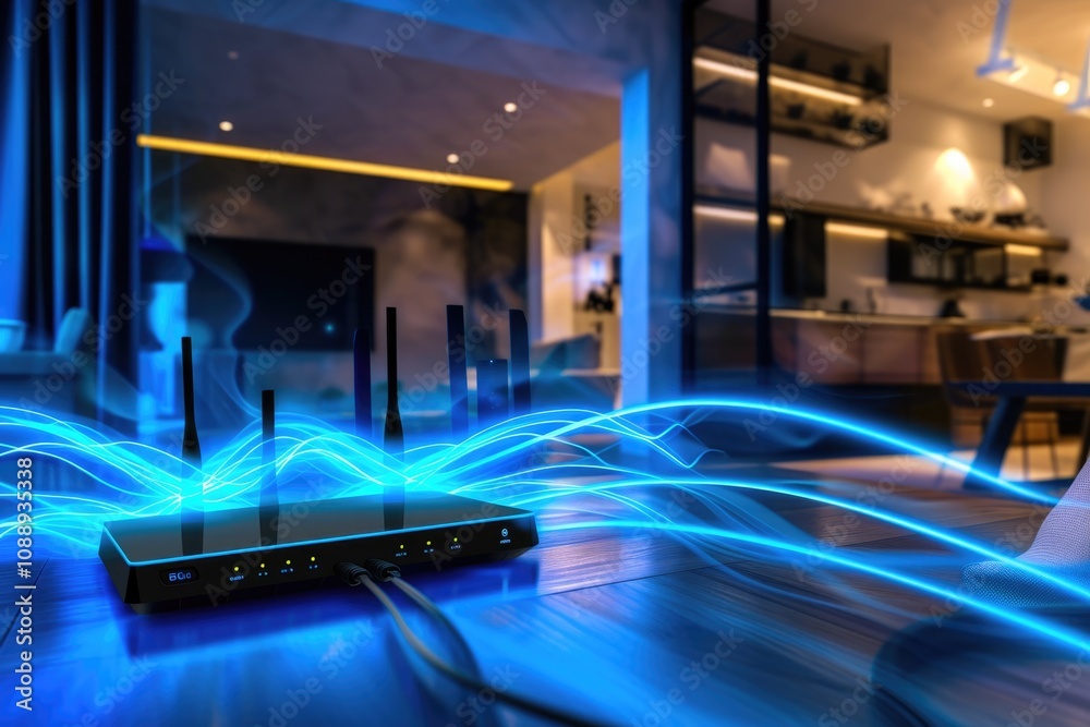 Blue light trails from router in futuristic living room Blue light trails from router in futuristic living room