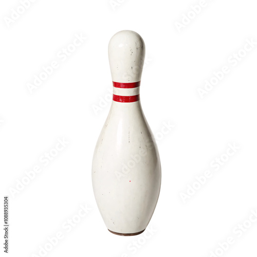 Classic bowling pin with aged texture, featuring two bright red stripes. A timeless piece representing fun, competition, and the satisfying sound of a strike, set against a transparent background