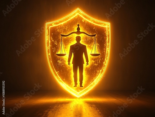 Glowing Shield of Justice Protecting Shadowy Figure Symbolizing Legal Protection and Fairness photo