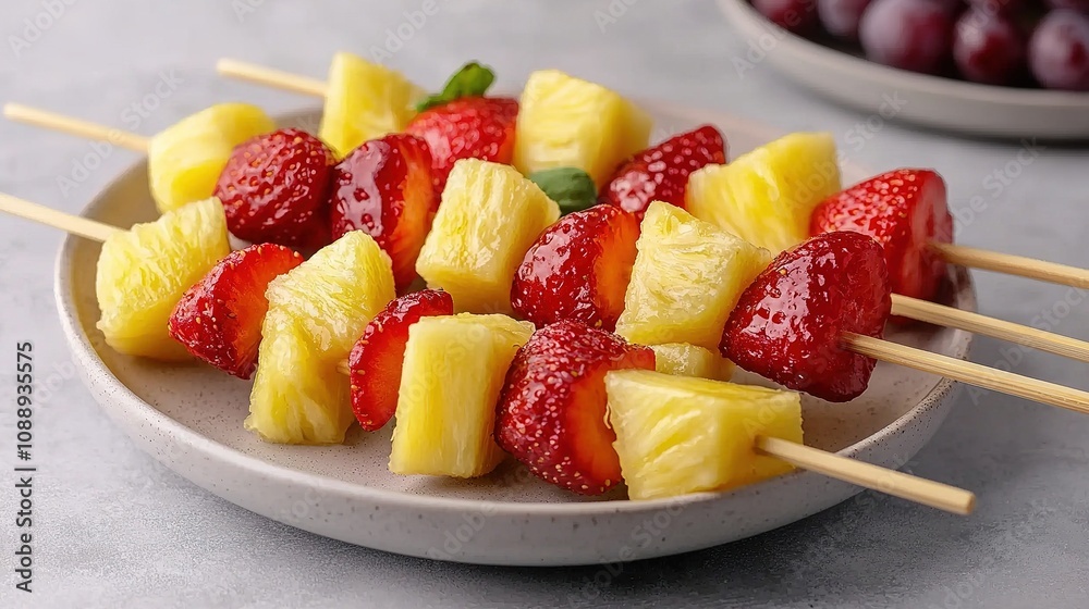 Fresh fruit kabobs with pineapple and strawberries outdoor picnic food photography bright setting delicious treats Fresh fruit kabobs with pineapple and strawberries outdoor picnic food photography bright setting delicious treats