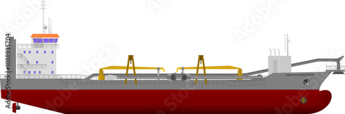 Trailing Suction Hopper Dredger. Detailed side view. Isolated vector.