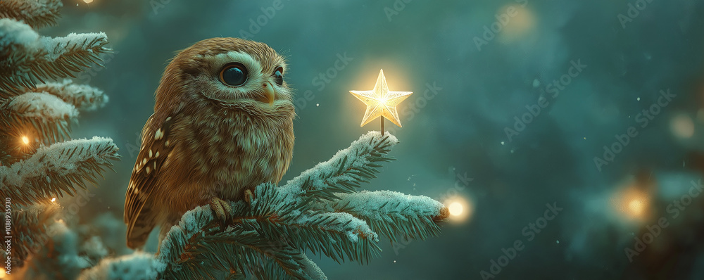 Owl perched on a branch, trying to reach a shining star atop a Christmas tree Owl perched on a branch, trying to reach a shining star atop a Christmas tree