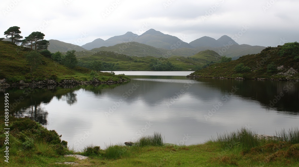 Serene loch reflecting mountains under a cloudy sky.