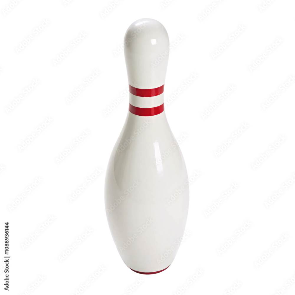 © Tanicsean - Pristine white bowling pin with bold red stripes near its neck. Smooth surface, perfectly balanced for precision strikes in professional or recreational settings, set against a transparent background © Tanicsean - Pristine white bowling pin with bold red stripes near its neck. Smooth surface, perfectly balanced for precision strikes in professional or recreational settings, set against a transparent background
